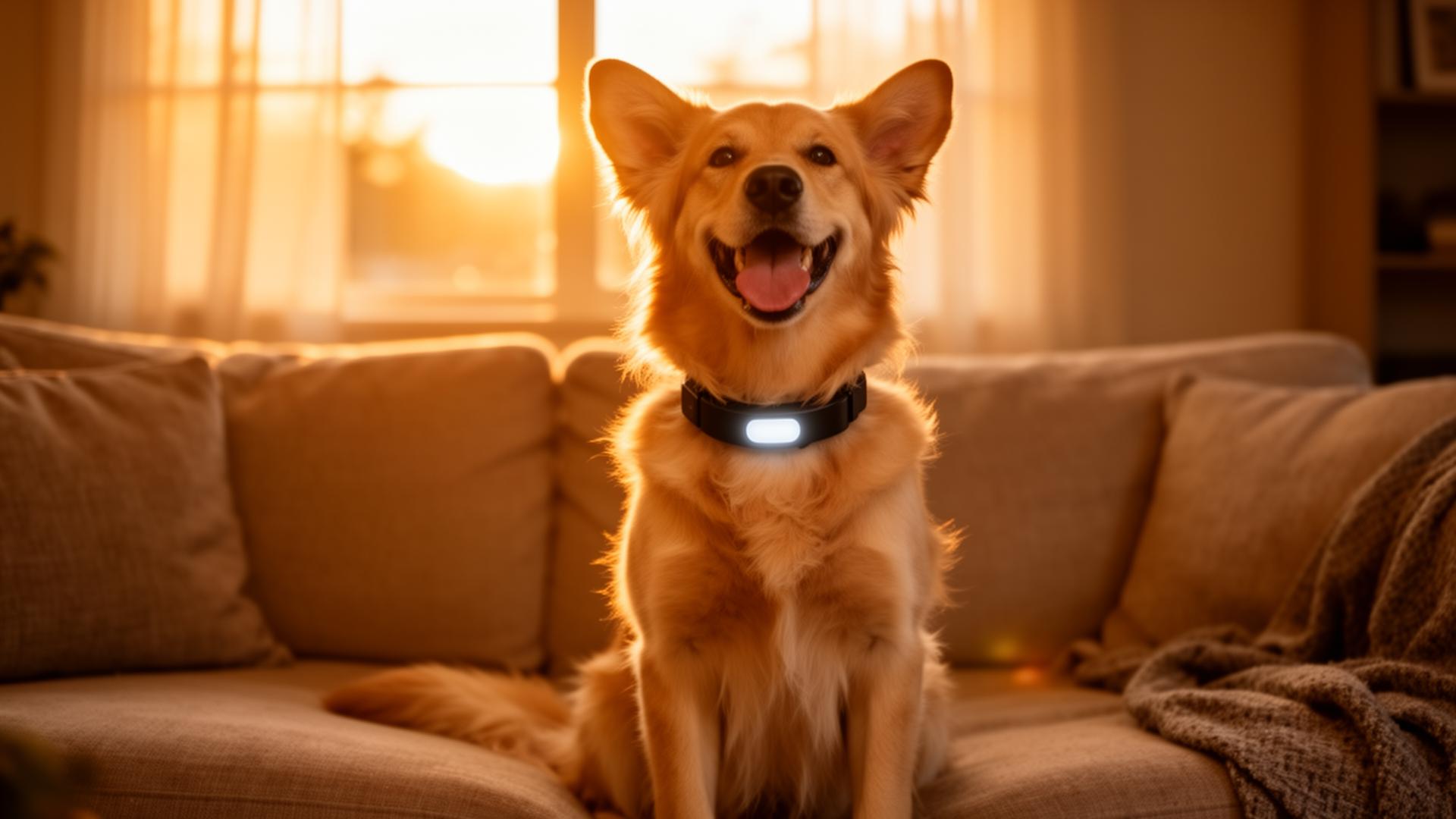 Happy golden retriever wearing the PetSo smart collar